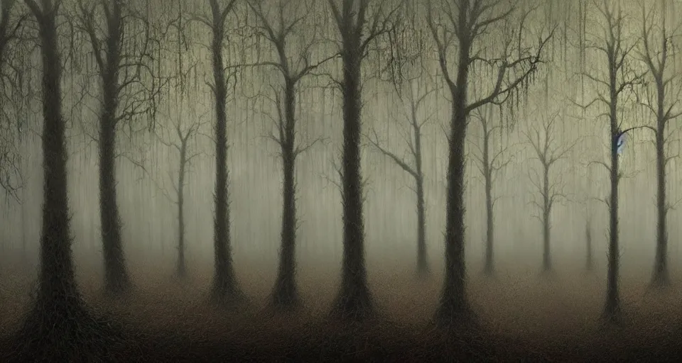 Prompt: A dense and dark enchanted forest with a swamp, by lee madgwick