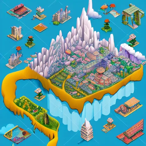 Image similar to isometric fantasy art of a giant waterfall city with tall skybridges and turrets, bold colors, detailed