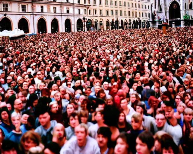 Image similar to crowd rally against a large leg in vienna, shot on kodak portra 4 0 0 3 5 mm film