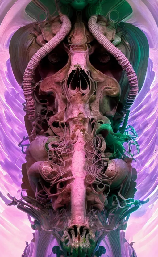 Prompt: goddess close-up portrait ram skull, thorax, x-ray, backbone, phoenix head, nautilus, orchid, skull, betta fish, bioluminiscent creatures, intricate artwork by Tooth Wu and wlop and beeple. octane render, trending on artstation, greg rutkowski very coherent symmetrical artwork. cinematic, hyper realism, high detail, octane render, 8k, green and orange tones