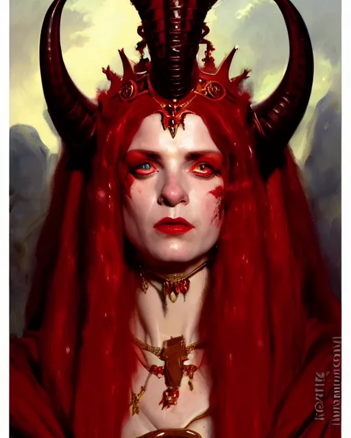 Image similar to painted close - up portrait of an attractive red - skinned intimidating demon queen with ram horns. oil painting, wearing a noblewoman's outfit, fantasy art by greg rutkowski and john singer sargent and gaston bussiere, demon noble character design