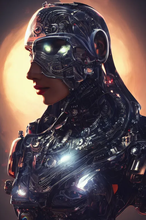 Image similar to detailed portrait of a cyborg, necromancer, benevolent, scifi, futuristic, beautiful girl, elegant cape, glow, concept art, sharp focus, inside a space ship, trending on artstation, intricate, advanced technology, art by roman makarenko and simon almeida and marcos melco