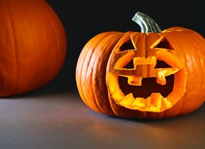 Image similar to photo still of a pumpkin with a human mouth, 8 k, studio lighting bright ambient lighting key light, 8 5 mm f 1. 8