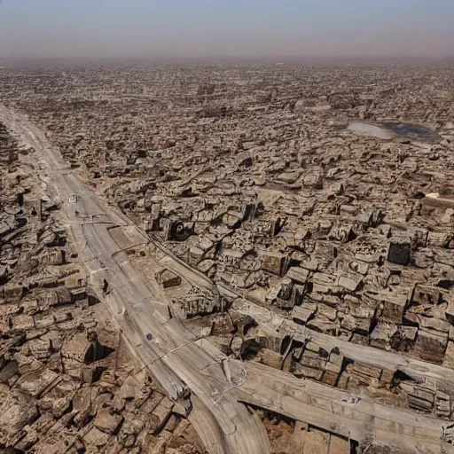 Prompt: the city of baghdad in post apocalyptic Iraq, wide angle,