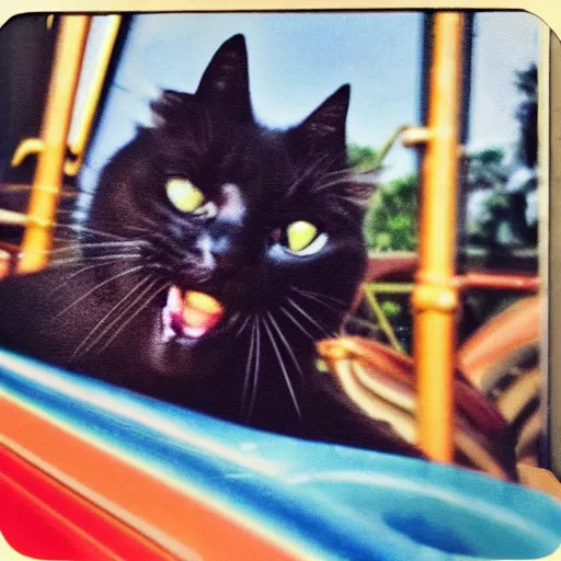 Prompt: black cat in a rollercoaster. the cat is enjoying the ride. sunlight. polaroid photo. saturated colors. selfie