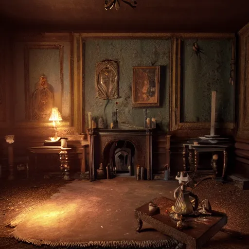 Prompt: room of a dark mansion, objects from ritual in the ground, realistic, highly detailed, unreal engine, octane render, pbr, guillermo del toro