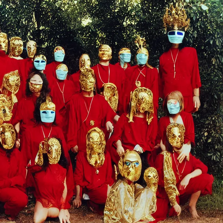 Prompt: photo group portrait of members of esoteric cult in front of a mystic temple, ektachrome, wear red tunics and mask made of gold and jewels