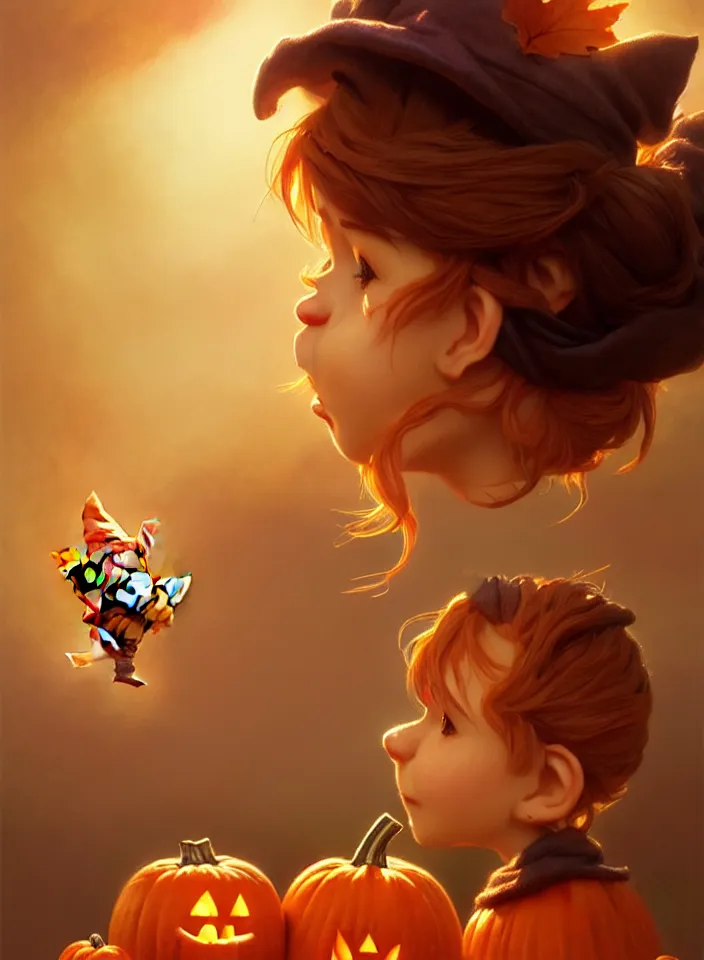 Image similar to hand drawn cute one gnomes face in autumn and pumpkin, detailed closeup face, concept art, low angle, high detail, warm lighting, volumetric, godrays, vivid, beautiful, trending on artstation, art by artgerm and greg rutkowski and alphonse mucha