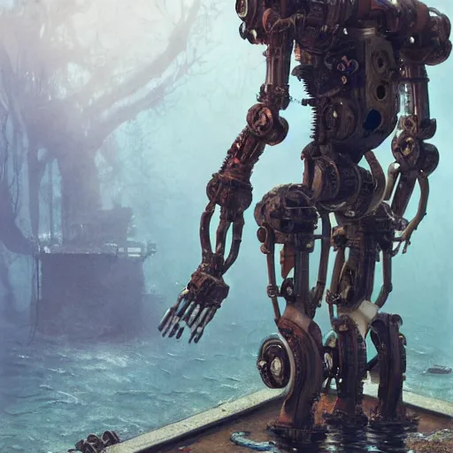 Image similar to a photograph of a robot endoskeleton submerged and rusted in the water, cinematic, volumetric lighting, f 8 aperture, cinematic eastman 5 3 8 4 film, photorealistic by greg rutkowski, by stanley artgerm, by alphonse mucha