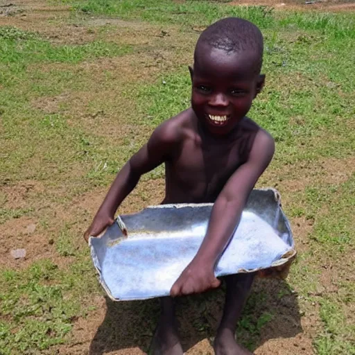 Prompt: poor kid in africa, finding a huge diamond and picking it up in his hand, looking impressed and amazed