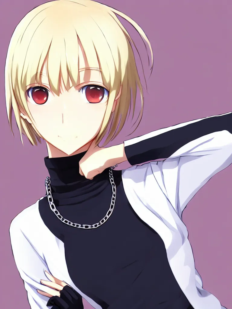 Image similar to beautiful girl with red eyes, short blonde hair, ahoge hair, wearing a white turtleneck sweater, wearing a detailed chain-link necklace, arcueid, in the style of type-moon studios, extremely clean lines, anime and manga style