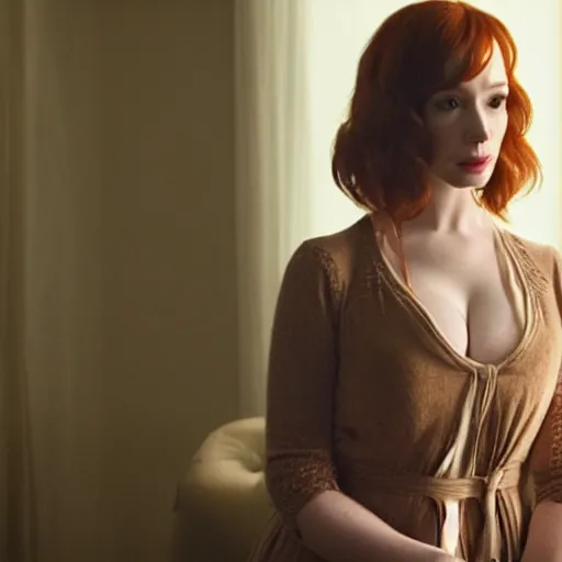 Image similar to a very surprised looking beautiful Christina Hendricks r in the living room, film still from the movie directed by Denis Villeneuve , wide lens