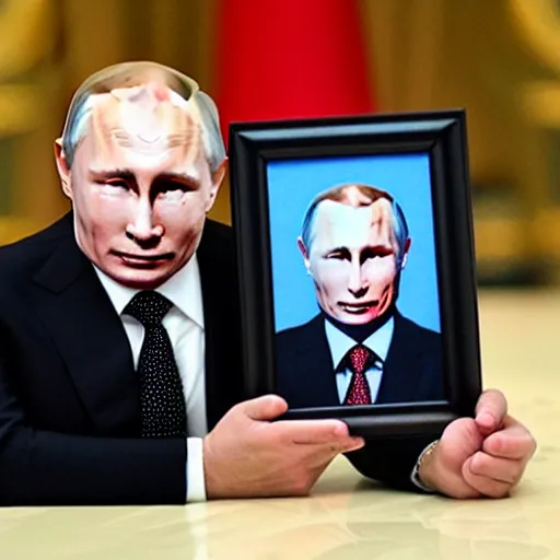 Image similar to putin is holding a picture of putin holding a portrait of putin
