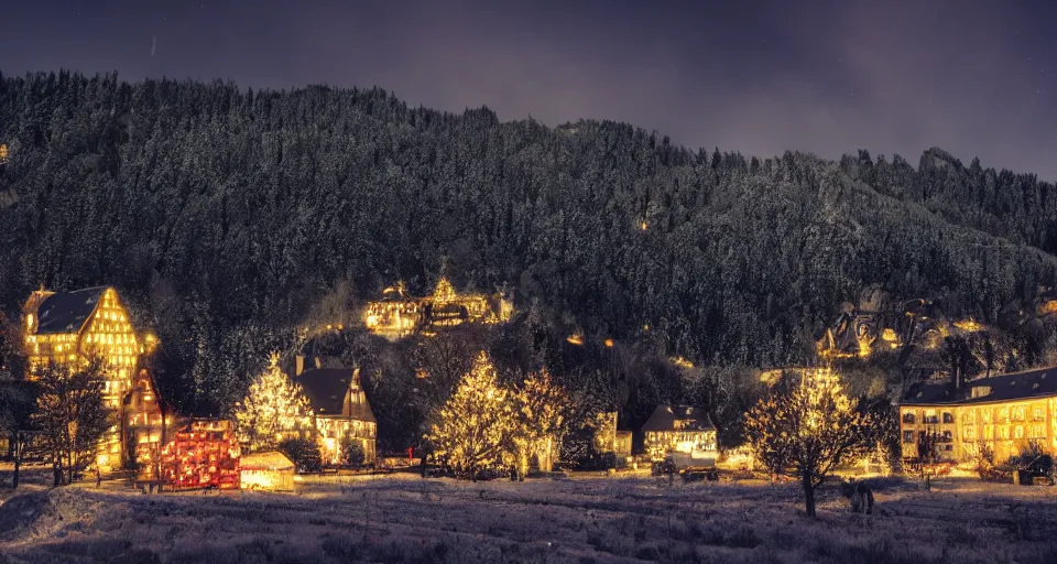 Prompt: an abandoned village in the black forest at midnight illuminated by christmas lights