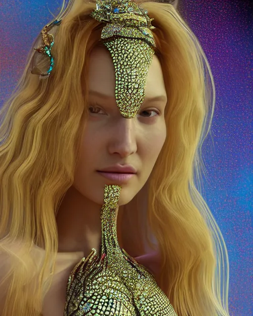 Image similar to a highly detailed metahuman 4 k close up render of an alien goddess bella hadid nymph in iris van herpen dress schiaparelli in diamonds crystals swarovski and jewelry iridescent in style of alphonse mucha gustav klimt trending on artstation made in unreal engine 4