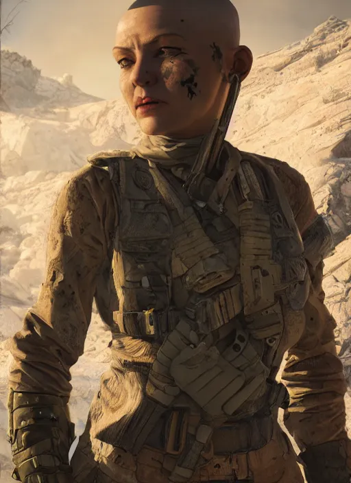 Image similar to A comic book style portrait painting of a female soldier with shaved head in a post apocalyptic setting, unreal 5, DAZ, hyperrealistic, octane render, RPG portrait, dynamic lighting