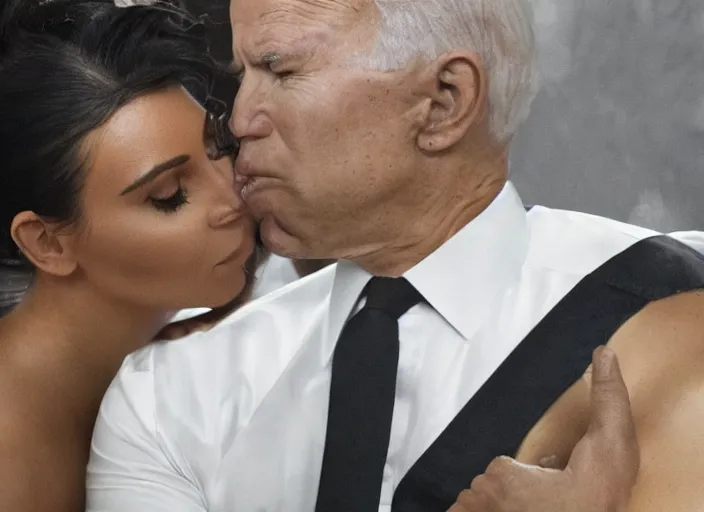 Image similar to film still of kim kardashian being kissed to sleep by joe biden, 8 k