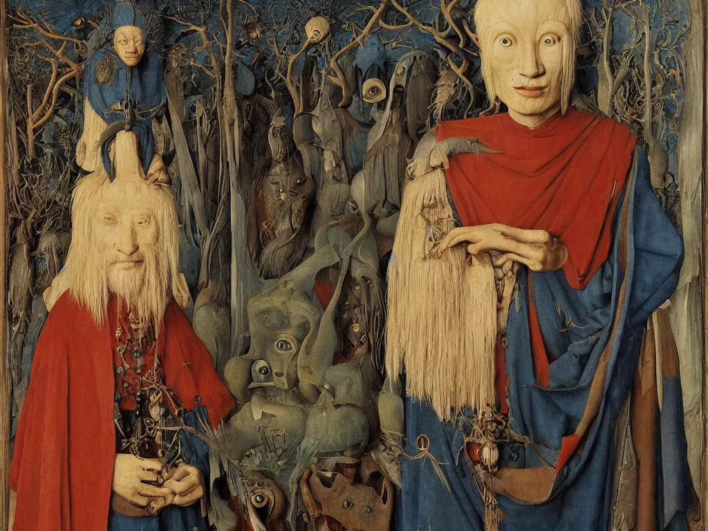 Prompt: Portrait of albino mystic with blue eyes, with wooden old shamanic totemic Oceanian archaic mask, sculpture. Painting by Bosch, Jan van Eyck, Audubon, Rene Magritte, Agnes Pelton, Max Ernst, Walton Ford