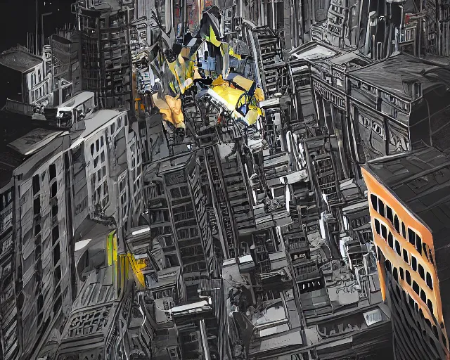 Prompt: A large imposing robot with a paintbrush destroying a city, looking down at the people below, low angle, digital art