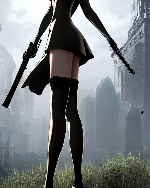 Prompt: 2B from Nier Automata and with slender body type standing in front of a large building holding a rifle, cartoon illustration, 8k