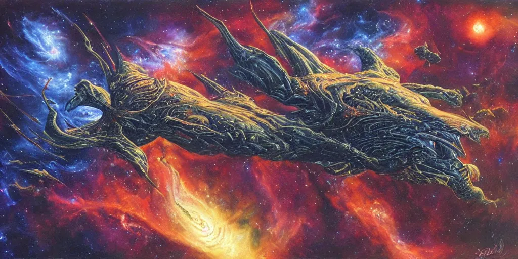 Image similar to an alien dragon flying in outer space, epic nebula, Dan Seagrave art