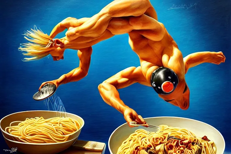 Image similar to olympic diving springoard, diver is diving head down into a dish of pasta, detailed surrealist art, artgerm
