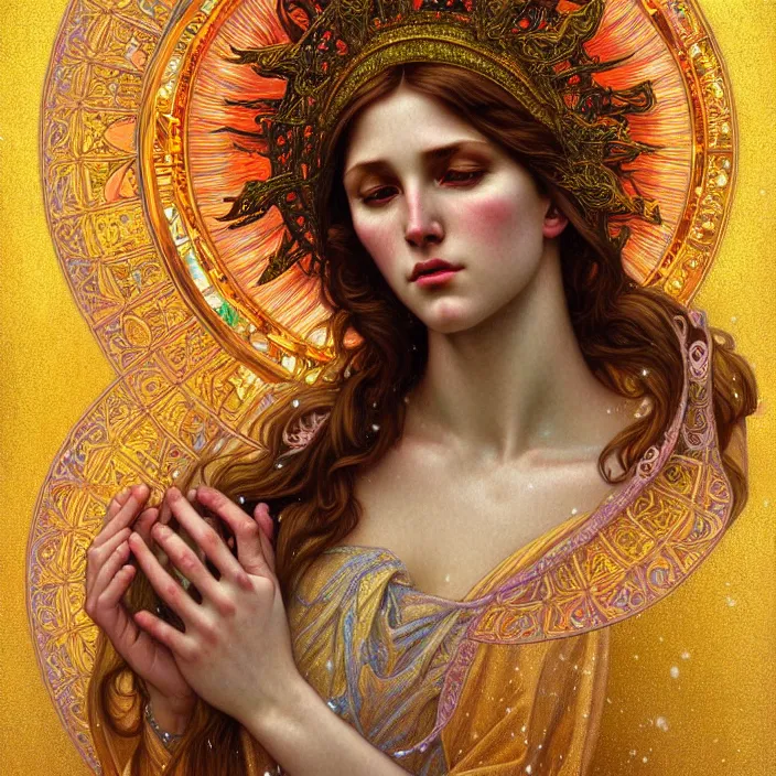 Image similar to psychedelic snowfall Virgin Mary, diffuse lighting, fantasy, intricate, elegant, highly detailed, lifelike, photorealistic, digital painting, artstation, illustration, concept art, smooth, sharp focus, art by John Collier and Albert Aublet and Krenz Cushart and Artem Demura and Alphonse Mucha