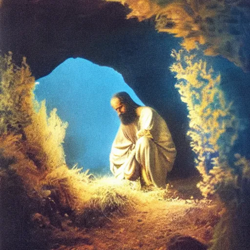 Prompt: professional photograph of moses in a cave in awe of the blue burning bush. cinematic. epic framing. beautiful spiritual masterpiece.