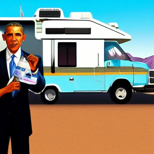 Image similar to obama holding a ziplock bag with baby blue meth, desert background, next to an rv, by stephen bliss, gta loading screen