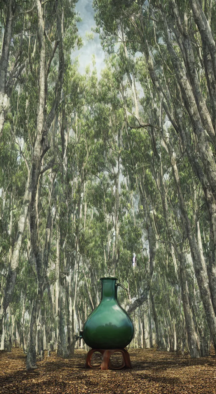 Image similar to a ceramic still distilling eucalyptus into green oil, amphora, eucalyptus forest background vat, alchemical still, 3 d render, atmospheric, dynamic lighting,