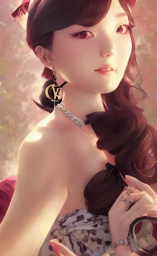 Image similar to a pin up and beautiful fashion and charming and dreamlke japan girl with lv jewelry, character art, art by artgerm lau and kyoung hwan kim and and ilya kuvshinov and john singer sargent, hyperdetailed, 8 k realistic, symmetrical, frostbite 3 engine, cryengine, dof, trending on artstation, digital art