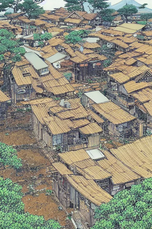 Image similar to beautiful anime illustration japanese rural homes morphing into giant cats, by moebius, masamune shirow and katsuhiro otomo