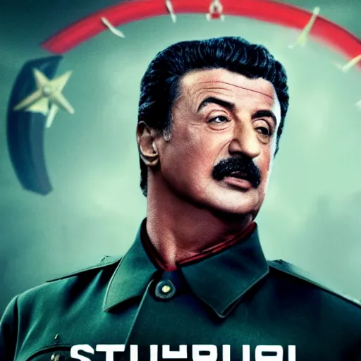 Image similar to Sylvester Stallone as Stalin, modern movie poster, highly detailed, 8k