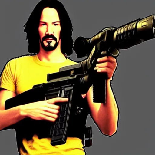 Prompt: Full body portrait of Keanu Reeves holding M-16 machine gun, GTA San Andreas Loading Screen, 4k