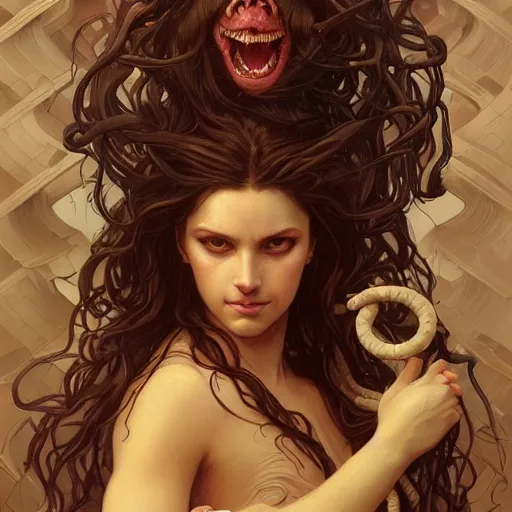 Image similar to male medusa, highly detailed, snakes, digital painting, blood in the eyes, cute face, artstation, concept art, smooth, sharp focus, illustration, art by artgerm and greg rutkowski and alphonse mucha