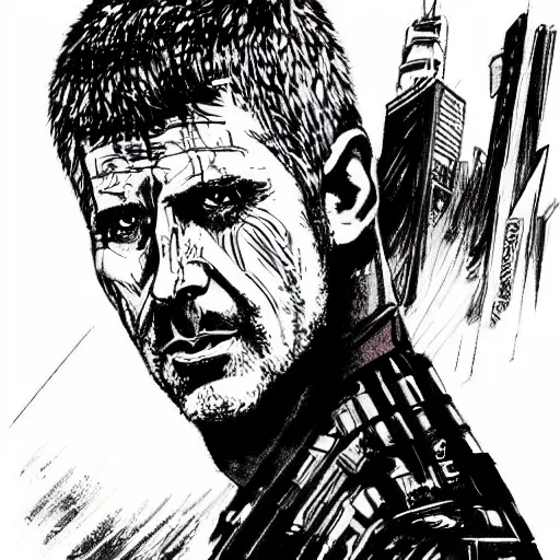 Image similar to rick deckard from blade runner colored digital illustration