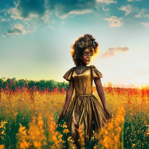 Prompt: brown skin goddess, with gold crown,curly light brown hair gold fairytale dress , standing in a field of flowers, sunset, realistic, 4k,