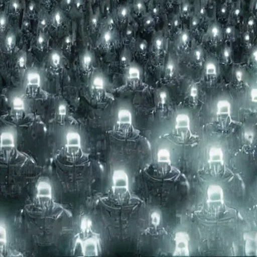 Image similar to award-winning cinematic still of an army of human clones with their faces visible, highly-detailed, establishing shot, cyberpunk style