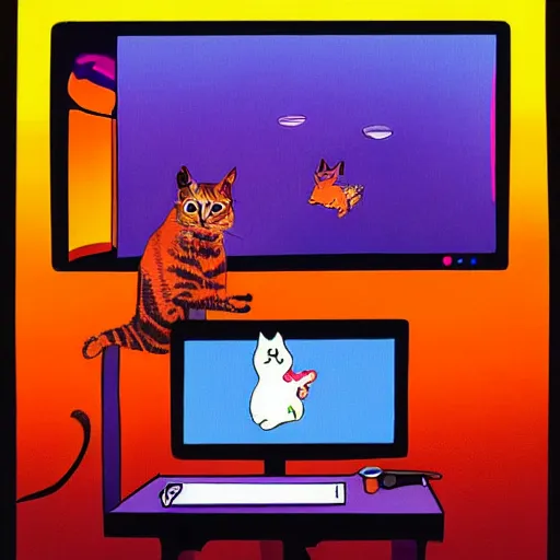 Image similar to computer monitor with a cat stuck inside, surreal, colorful, Ralph Bakshi