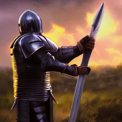 Prompt: knight wielding a great sword wearing plate armour, sunset, clouds, artstation, medieval, forest, award winning, ultra realistic, realism