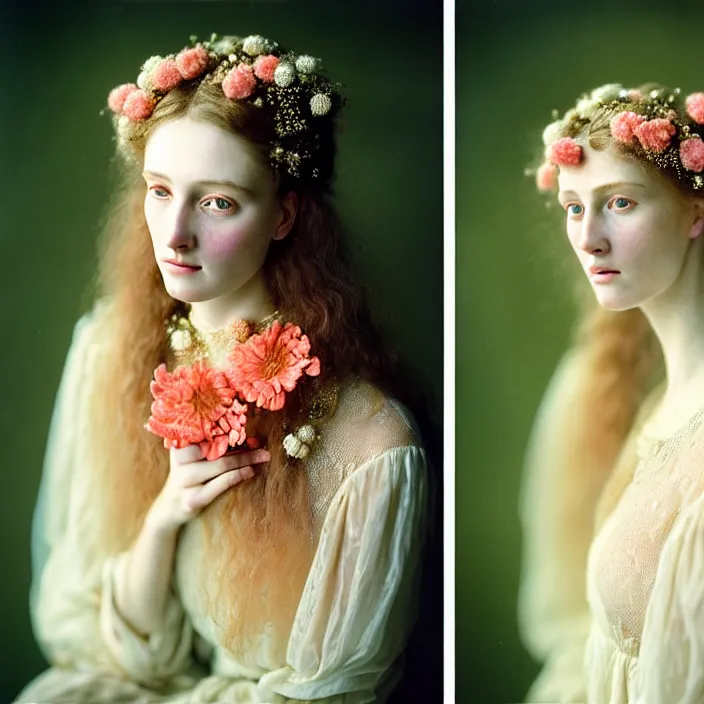 Prompt: Kodak Portra 400, 8K, soft light, volumetric lighting, highly detailed, britt marling style 3/4 ,portrait photo of a beautiful woman how pre-Raphaelites painter, a beautiful lace dress and detailed flowers adorning her hair, and ethereal coral and shells dress ,white pearls on her beautiful face, Realistic, Refined, Highly Detailed, natural outdoor soft pastel lighting colors scheme, outdoor fine art photography, Hyper realistic, photo realistic