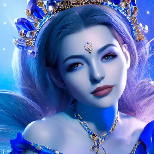 Image similar to photo of wonderful princess of sapphire with fair skin, she has her eyes closed, glowing, ornate and intricate blue jewelry, jaw dropping beauty, eyepopping colors, dynamic lighting, glowing background lighting, blue accent lighting, photorealistic, hyper detailed, award winning photography, 4 k octane render