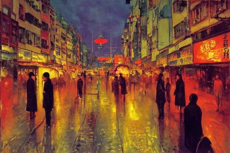 Image similar to dream festival, revelers playing games and shopping at a night market, low angle view from a city street lined with shops and apartments, glowing street signs, city like hong kong, tokyo, barcelona, oil painting by edvard munch, beksinski