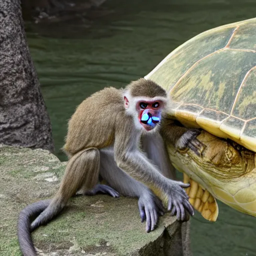 Image similar to a monkey sitting on the back of a turtle