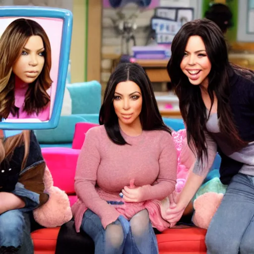 Image similar to Icarly with kim kardashian as Carly, 8k full HD photo, cinematic lighting, anatomically correct, oscar award winning, action filled, correct eye placement,