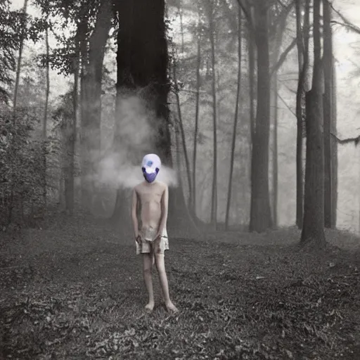 Prompt: teenage boy with skull mask, smoke around him, forest, by sally mann