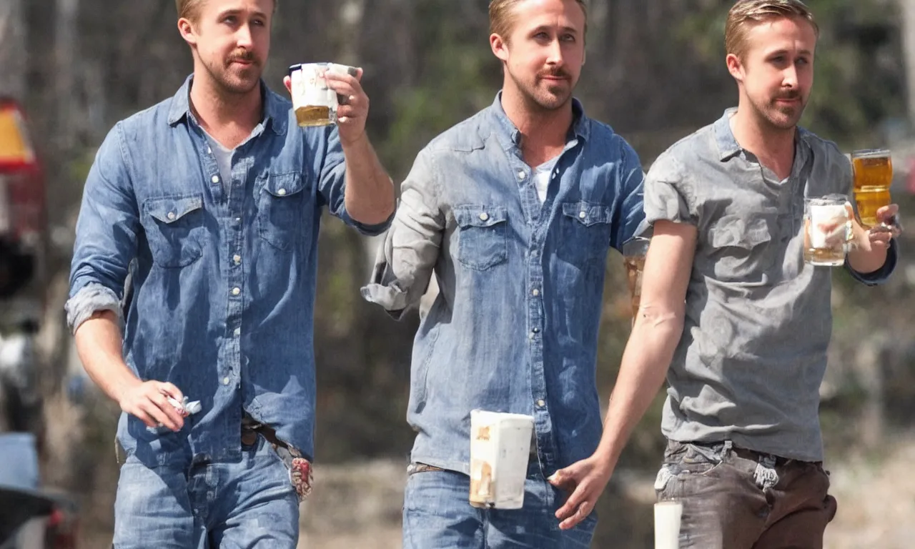 Image similar to Ryan Gosling drinks beer with Jesus