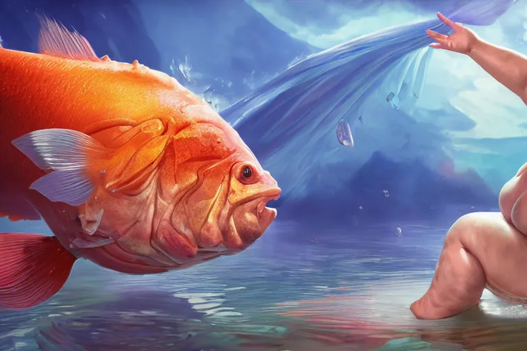 Image similar to of a very beautiful scene. ambient occlusion render. a sweet fat old woman is giving a birth to a huge colorful fish. hyper realistic. 4 k. wide angle. wild happiness. symmetrical face, red mouth, blue eyes. deep focus, lovely scene. ambient occlusion render. concept art. unreal engine.