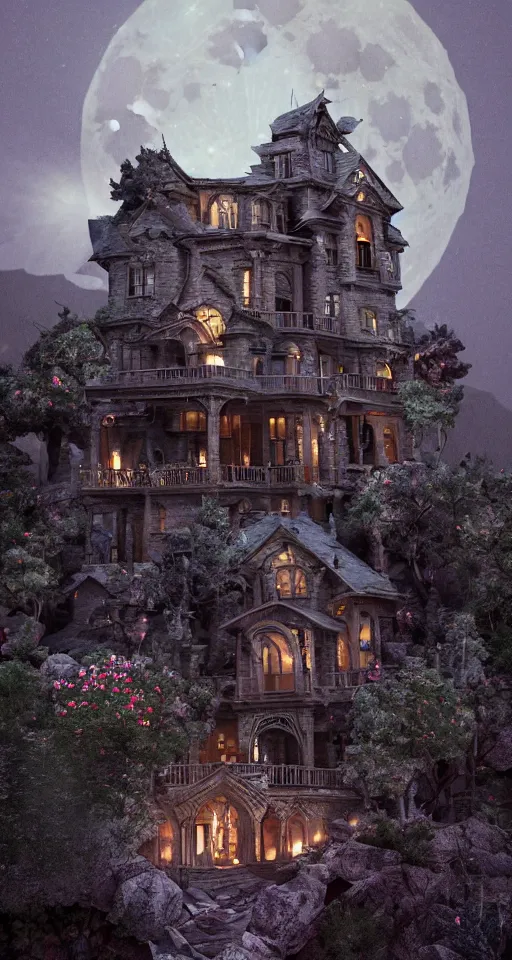 Image similar to A haunted Mansion on the mountain's edge at night during the Lunar Eclipse, evil, demonic, enchanting, angelic, flowers, nature, city, symmetry, environment concept, cinematic, Rendered in Octane, trending on artstation, cgsociety, moody lighting rendered by octane engine, environment 8K artstation, cinematic lighting, intricate details, 8k detail post processing, hyperealistic, octane render, photo realism, visually inspired by Stephen King