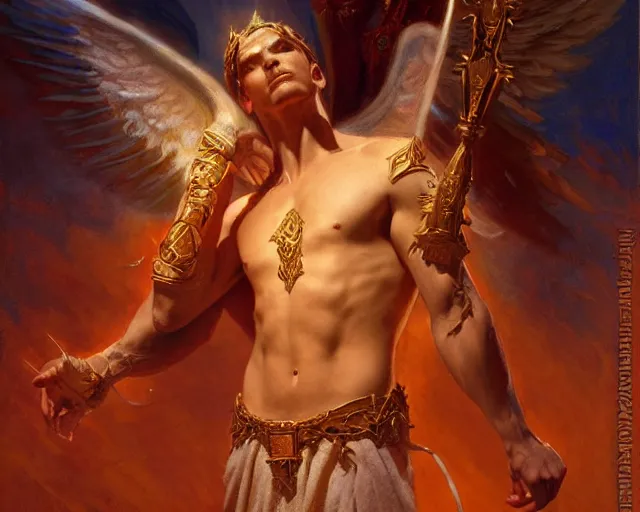 Image similar to attractive pagan male deity, summoning handsome lucifer morning star. highly detailed painting by gaston bussiere, craig mullins, j. c. leyendecker 8 k